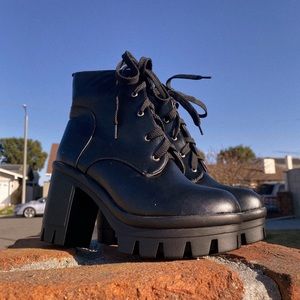 black lace-up chunky heel ankle boots